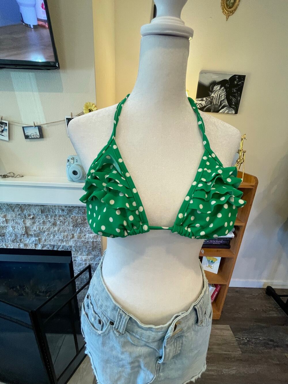 green and white ruffle polka dot bikkini top